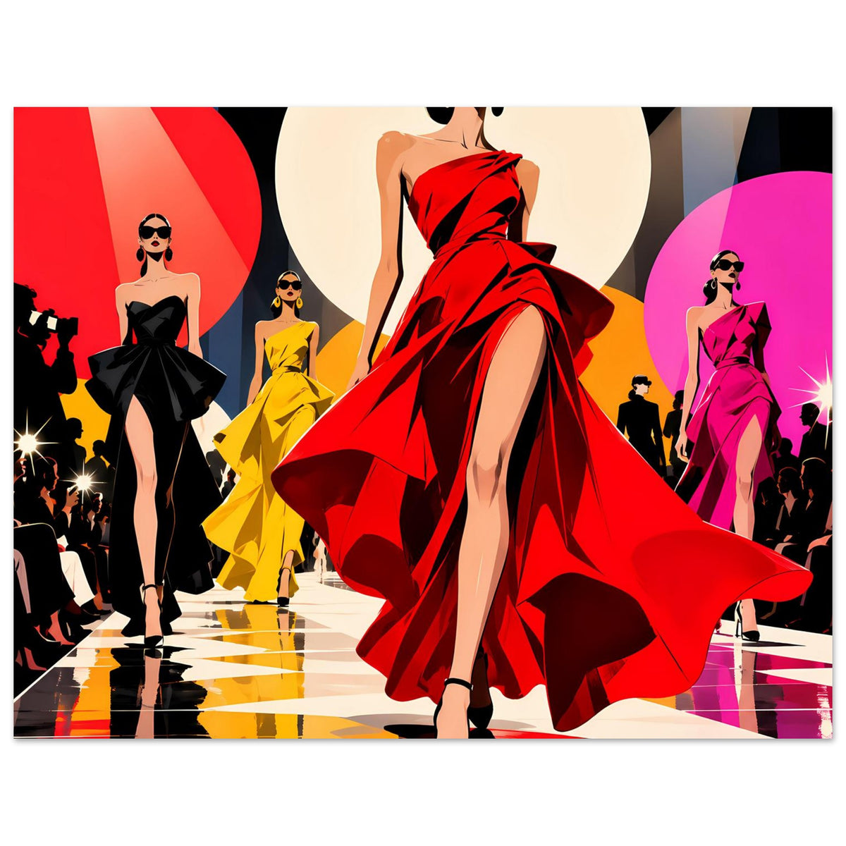 Pop-Art-Fashionposter: Model im roten Kleid, weitere Damen in Schwarz, Gelb und Pink