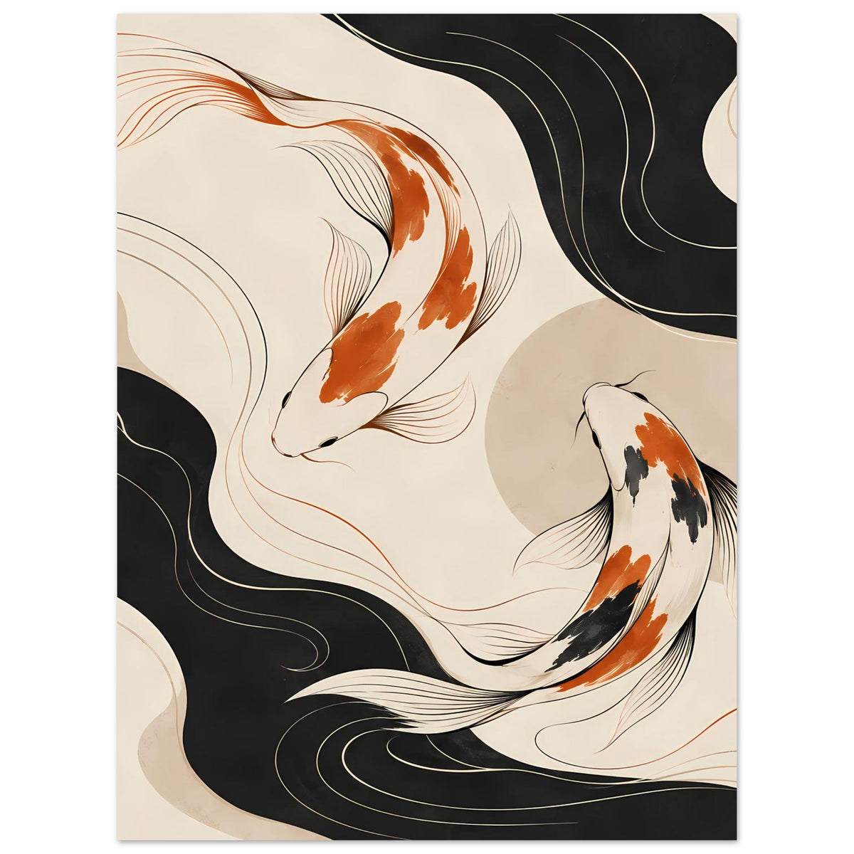 Ausschnitt des Querformat-Wandposters: Koi-Fische auf beigem Grund mit schwarzer Wellenfläche
