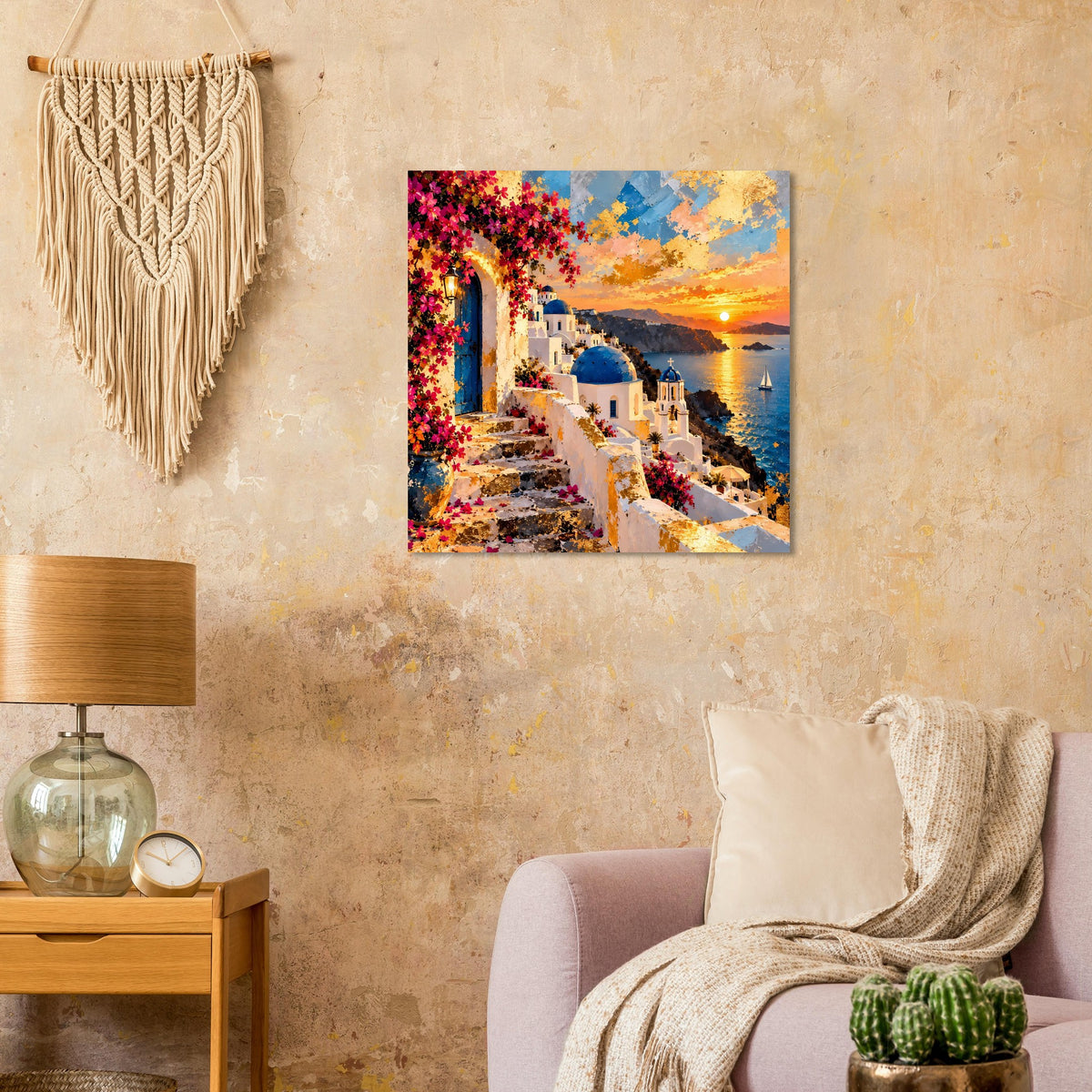 Poster Santorini: farbige Blüten am Bogen, Meerblick, weiße Häuser und Abendsonne