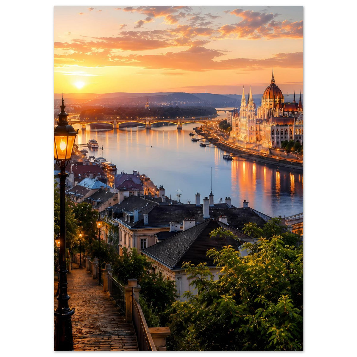 Cityscape-Poster im Hochformat: Sonnenuntergang über Fluss, beleuchtete Türme und Gasse