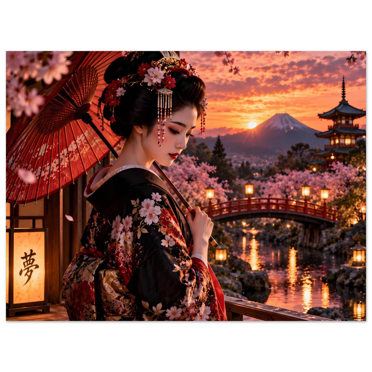 Poster: Frau im dunklen Kimono mit Kirschblüten, roter Fächer, Pagode am Ufer