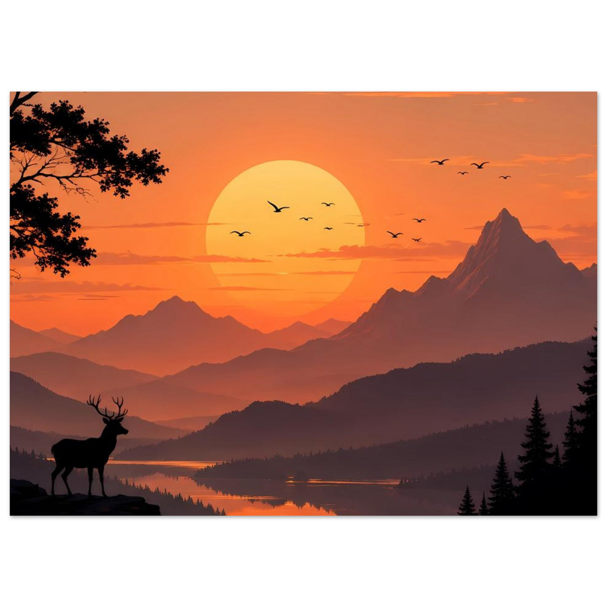 Poster mit Sonnenball am Horizont: Bergpanorama, See bei Abendlicht und Hirschsilhouette links