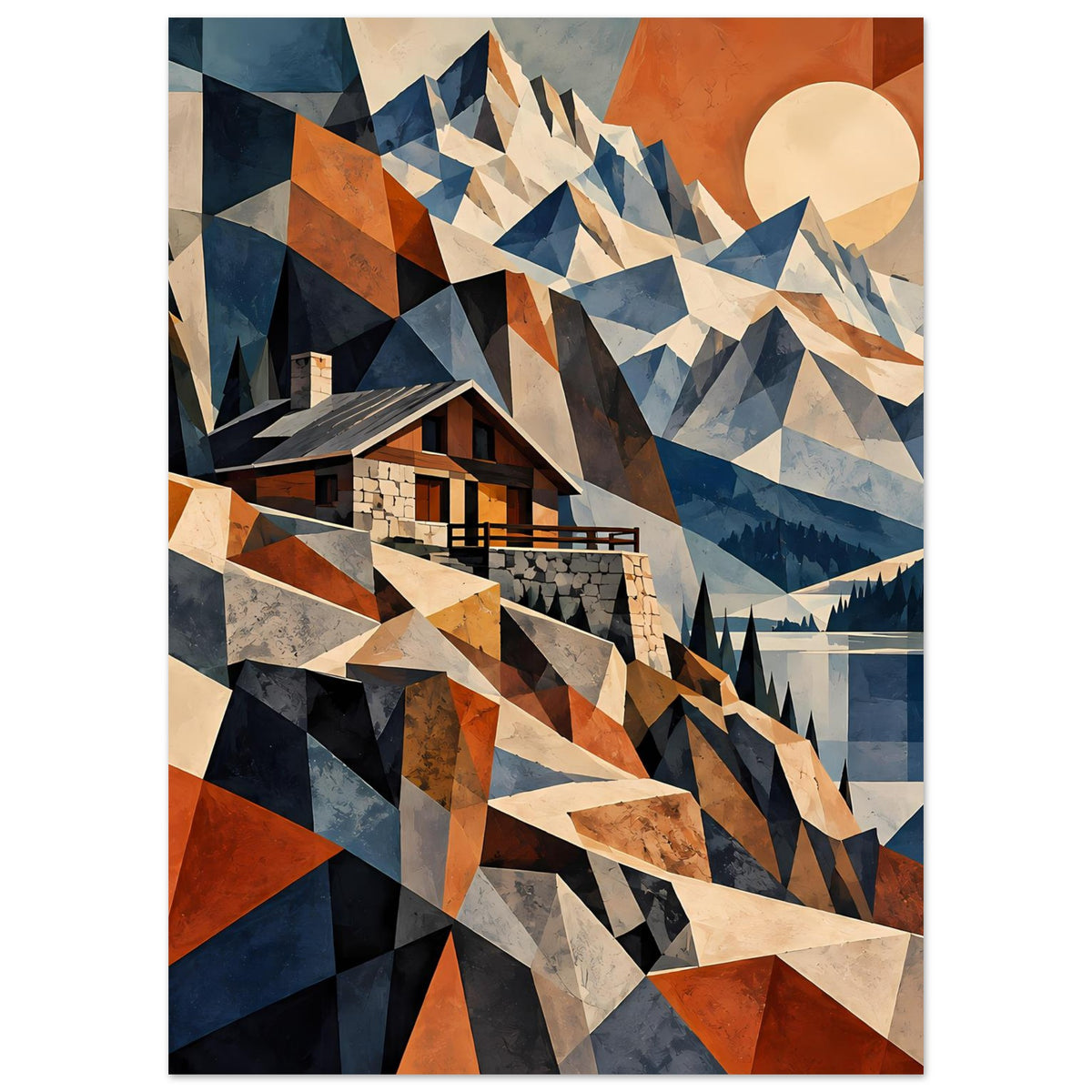 Geometrisches Berglandschafts-Poster mit Haus, Bergen im Blau-Rostrot-Muster