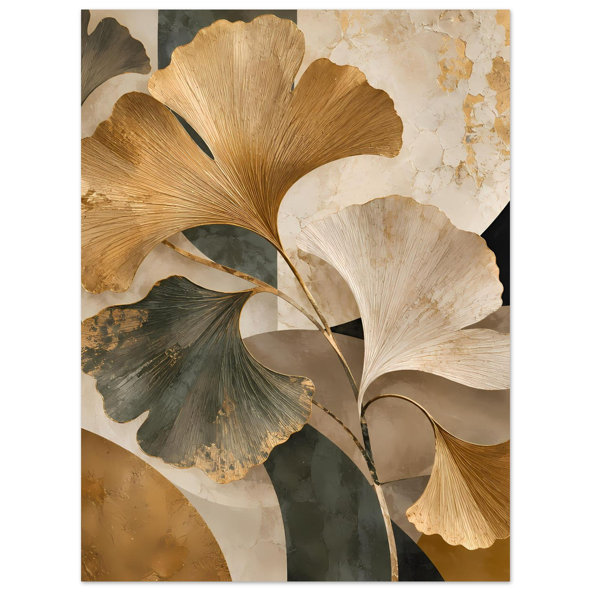 Botanisches Poster mit Ginkgo-Blättern in goldener Farbgebung, beiger Schattierung und Grünanteil