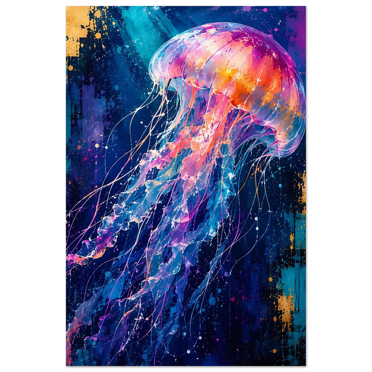 Leuchtendes Quallen-Porträt Poster im Hochformat, abstrakte Farbverläufe in Blau, Violett und Orange.
