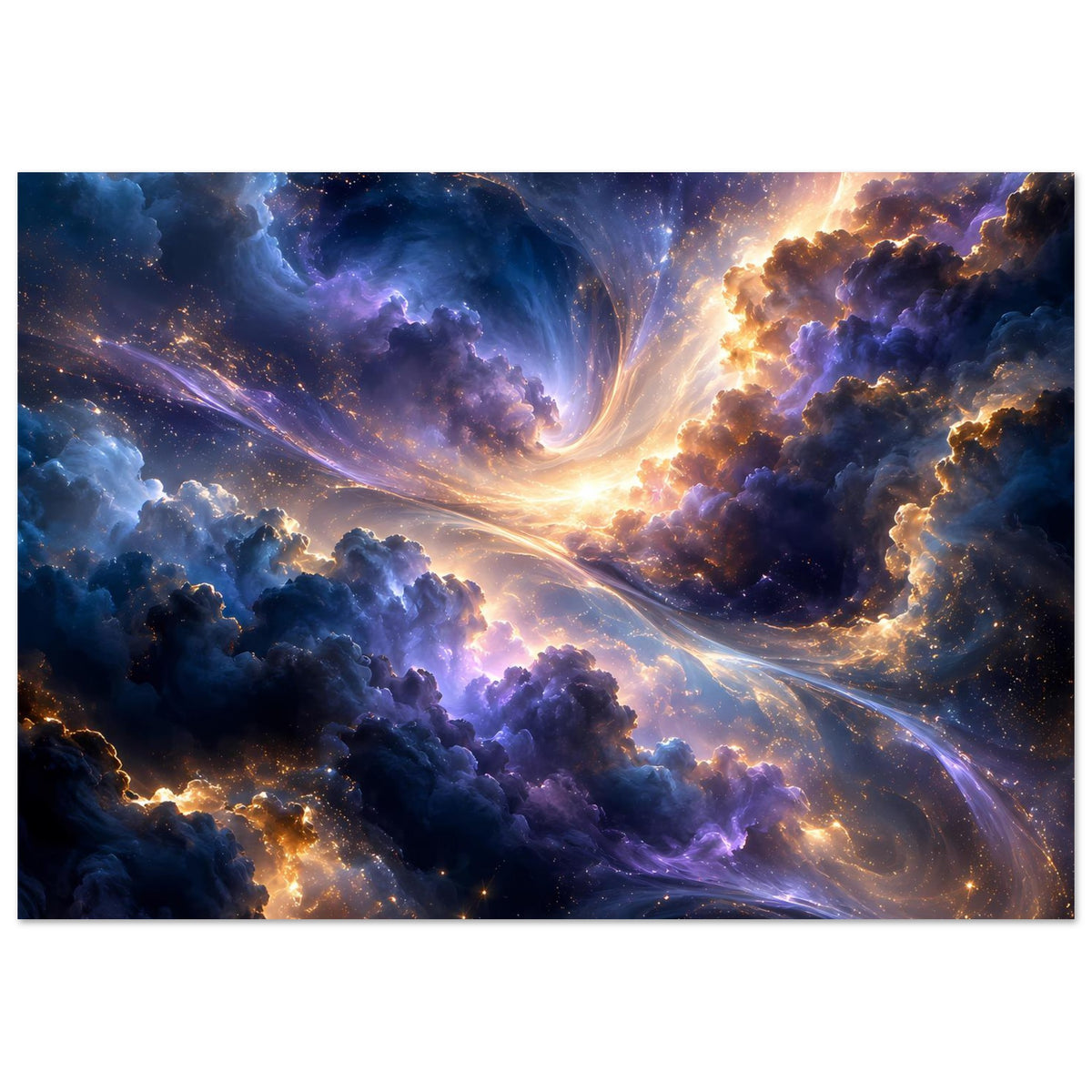 Galaxieposter auf Mattpapier, enger Ausschnitt: Nebelwolken, Sterne und goldene Lichtkante