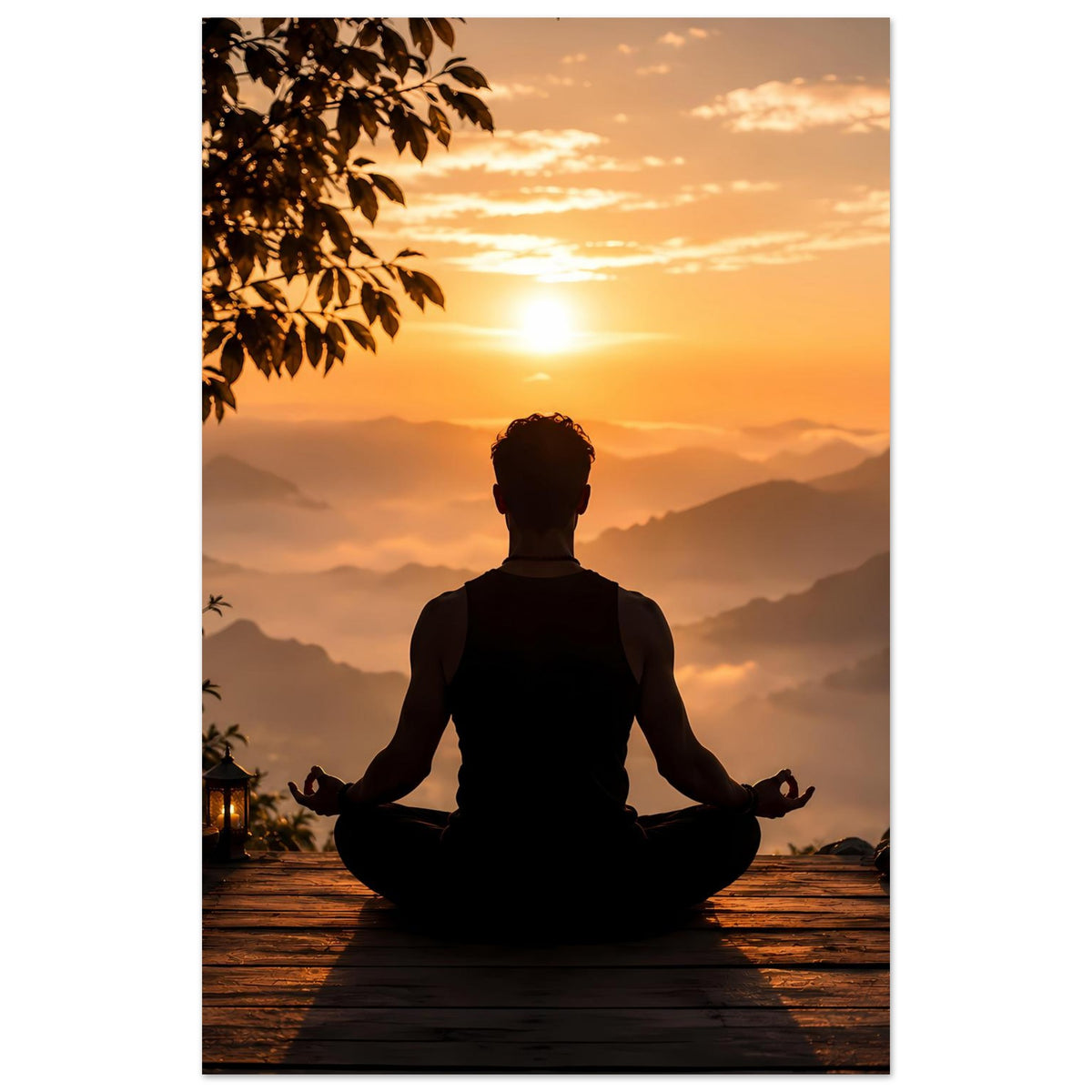 Vertikales Meditationsposter: Rückenansicht einer Person im Lotussitz vor goldener Bergsonne