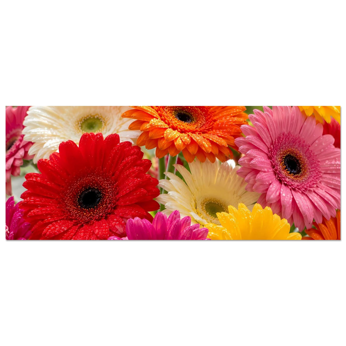 Horizontales Poster mit Gerbera-Blüten in kräftigen Farben, Nahaufnahme querformat