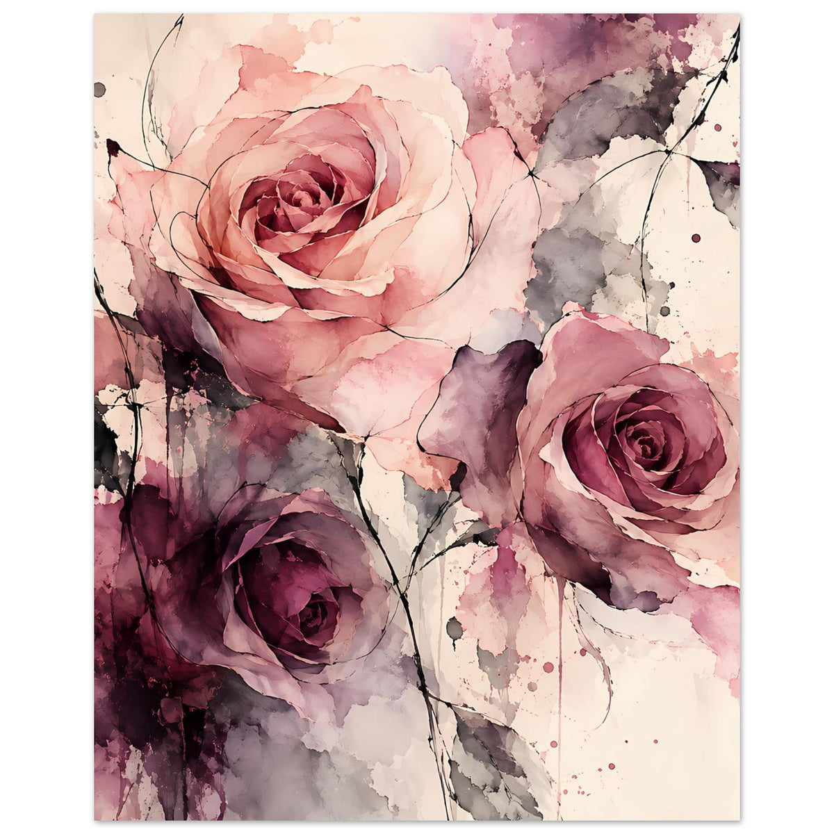 Wasserfarben-Rosenposter, zentrale Rosen in Rosa und Violett mit schwarzen Ästen und Spritzern
