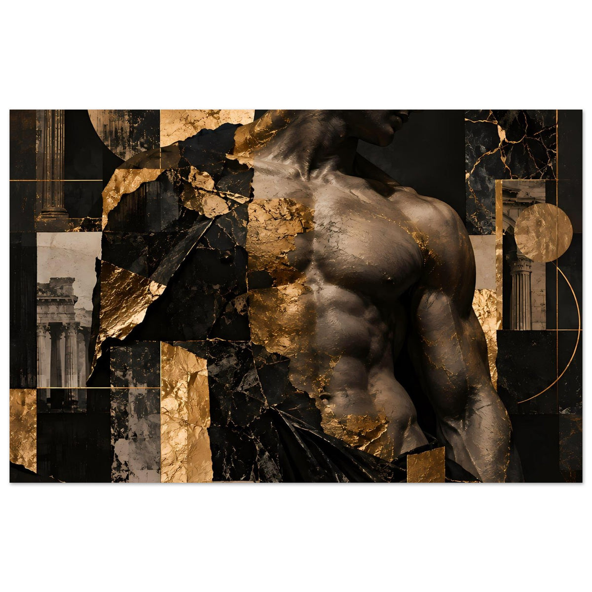 Kunstposter mit Skulptur-Torso in Bronze-Schwarz und Gold, abstrakte Collage, quer