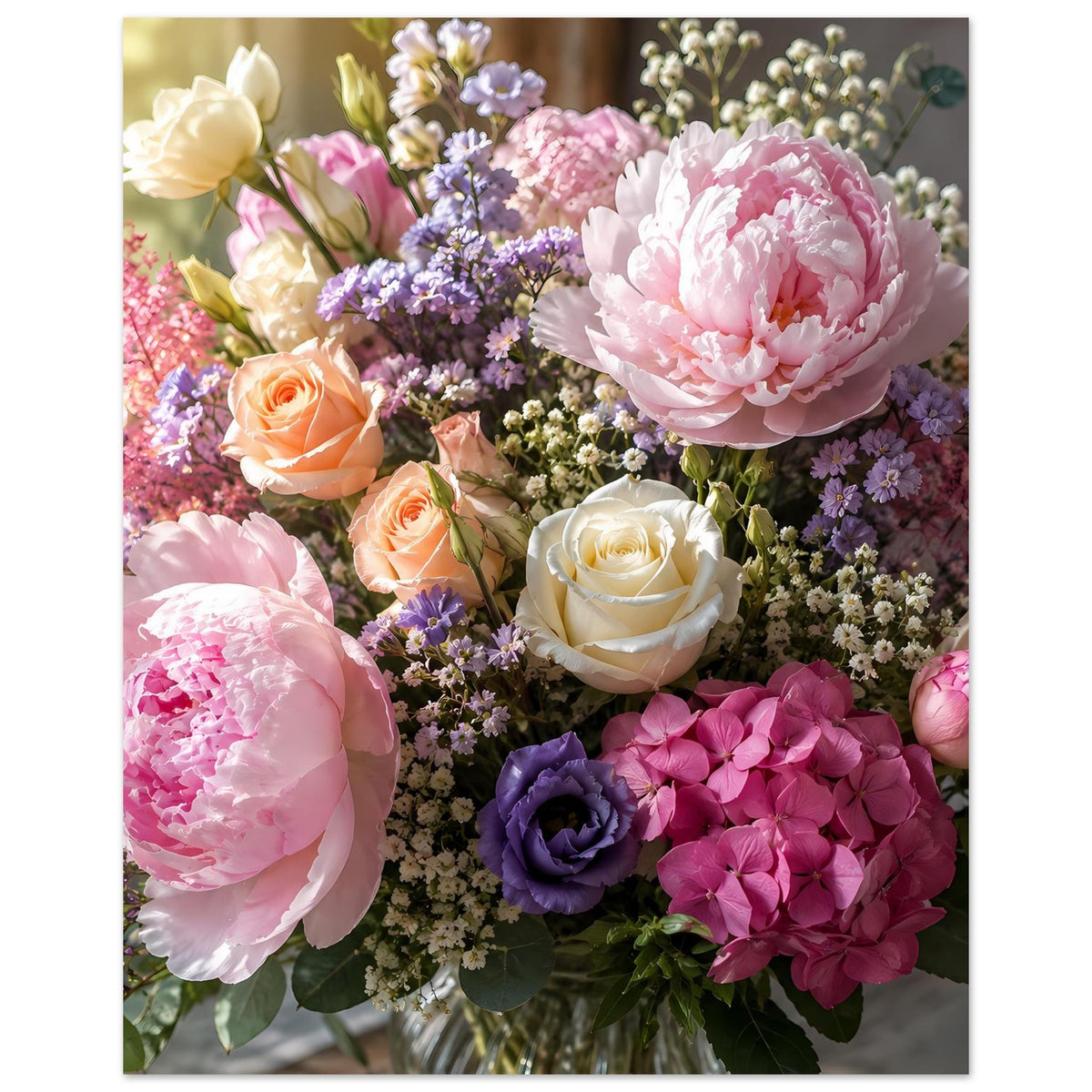 Blumenstrauß-Poster: bunte Blumen in Pastelltönen mit großen Pfingstrosen und Rosen
