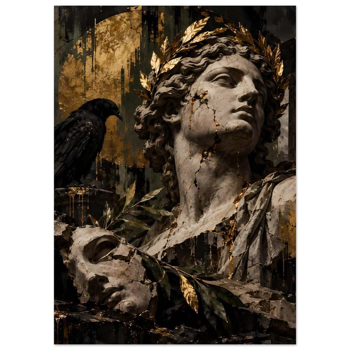 Barockes Poster mit Statue, goldenen Blattakzenten und schwarzem Vogel links
