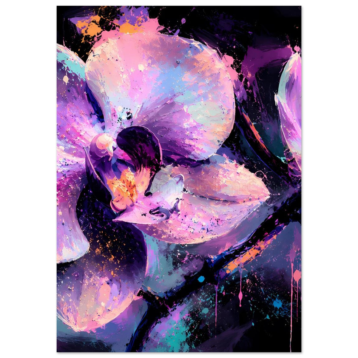 Abstraktes Neon-Orchideenposter, größere zentrale Blüte in Lila und Pink mit leuchtenden Highlights.