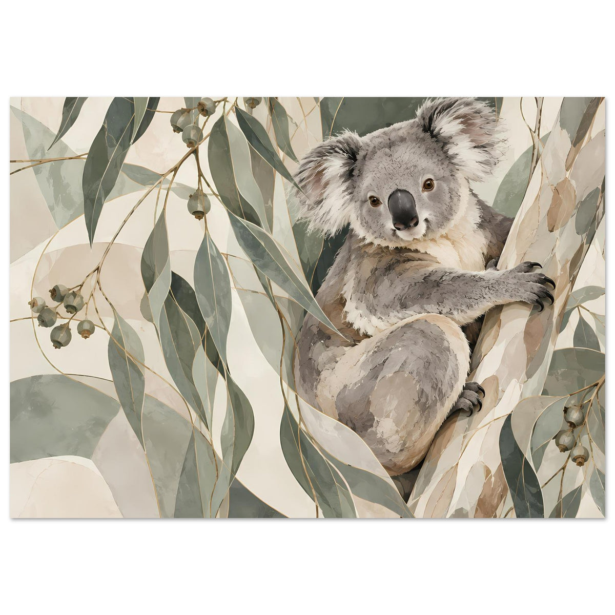 Koala-Porträtposter querformat, sitzender Koala mit Vorderpfoten und Blattmotiv