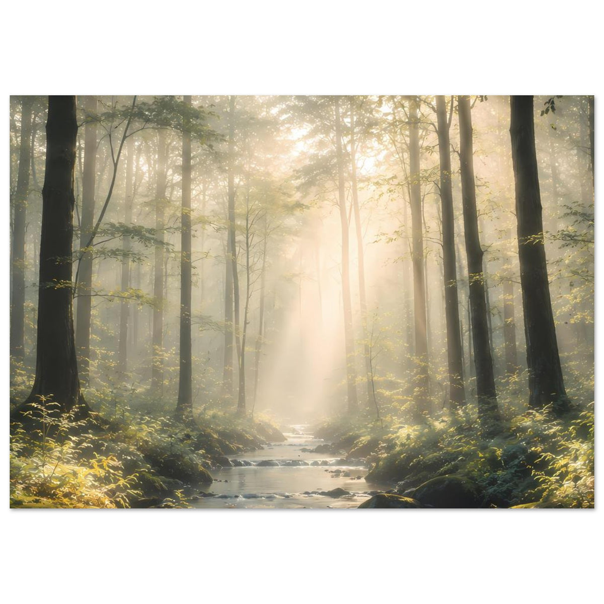 Naturposter mit Wald, Lichtstrahlen und ruhigem Bach im Nebel, goldene Grünnuancen