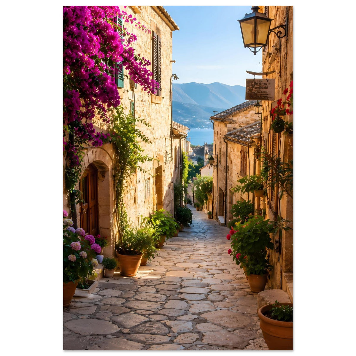 Poster: schmale Gasse mit lila Bougainvillea, vielen Pflanzen in Töpfen und Laterne