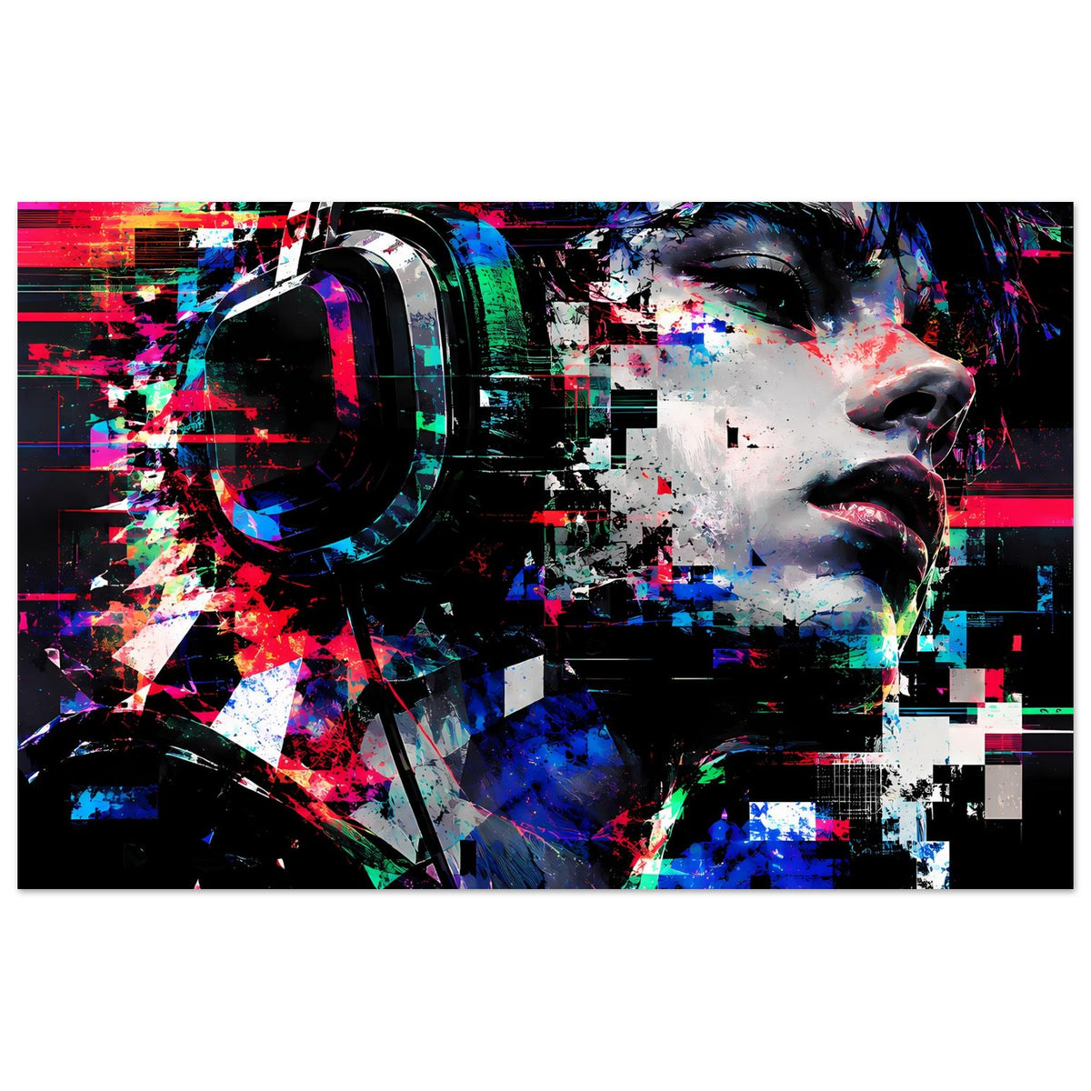 Poster mit futuristischem Graffiti-Motiv und abstrahiertem Gesicht in Neonfarben, Querformat