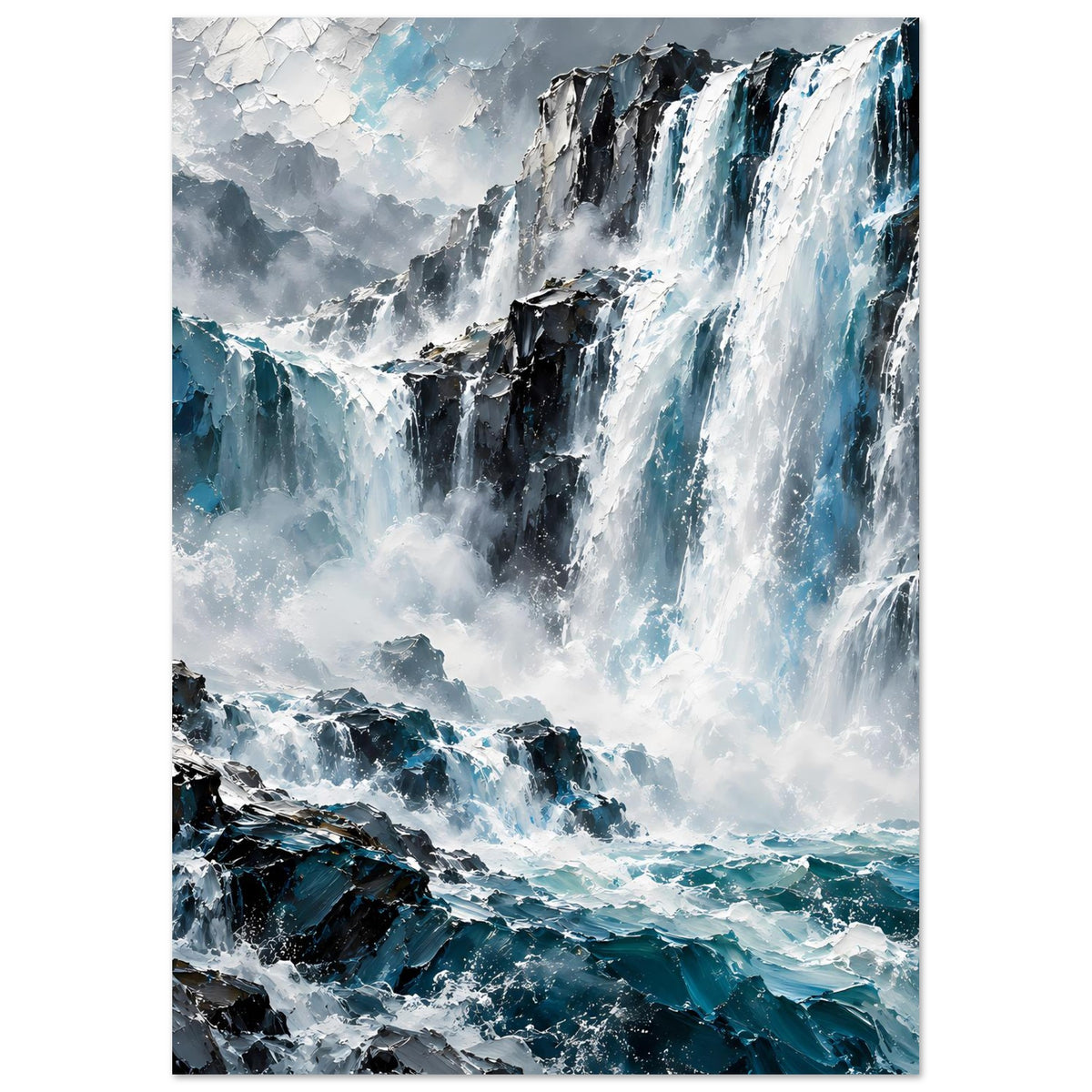 Vertikales Poster mit Wasserfall über Klippen, Meer im unteren Bildbereich