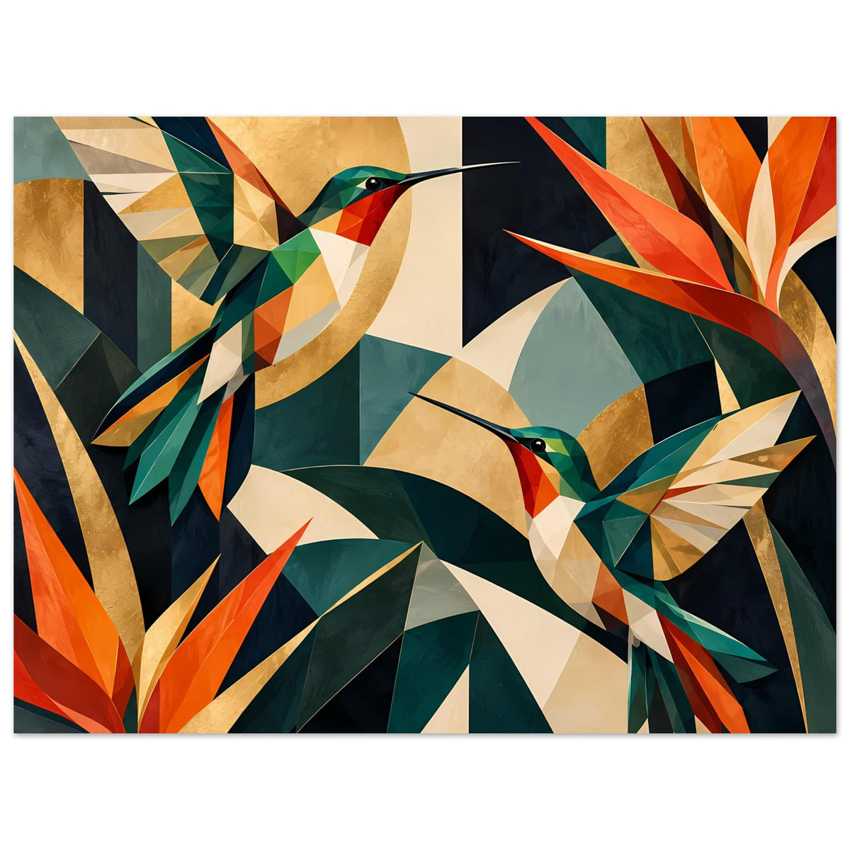 Kunstposter mit geometrischen Kolibris im Querformat, orange und grüne Flächen