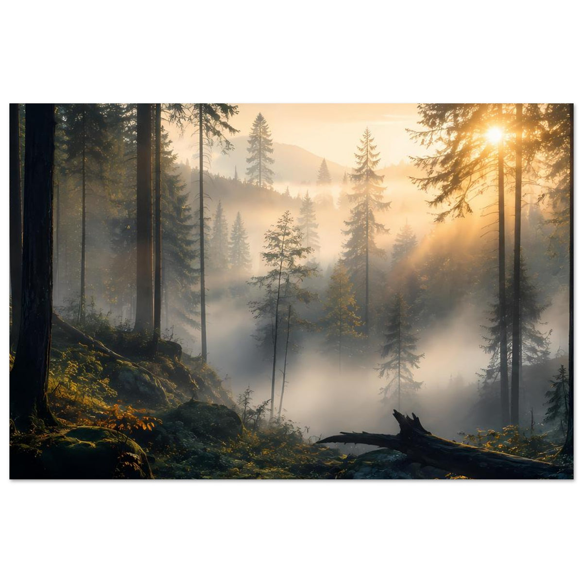 Wandposter Wald bei Sonnenaufgang mit Sonnenstrahlen, Kiefern, Nebel und Baumstamm, horizontal