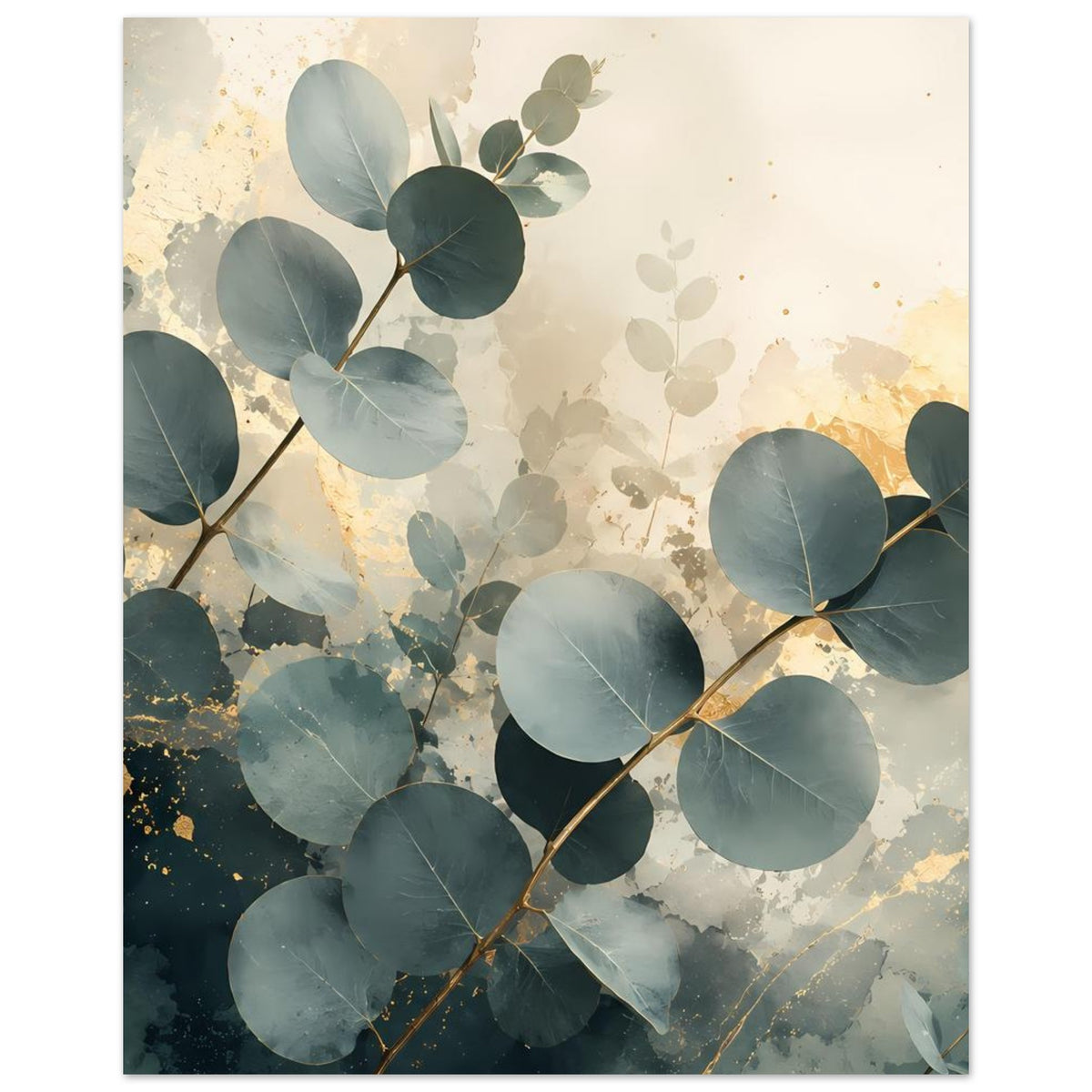 Eukalyptus-Poster im Hochformat mit blaugrünen Blättern und goldfarbenem Ast