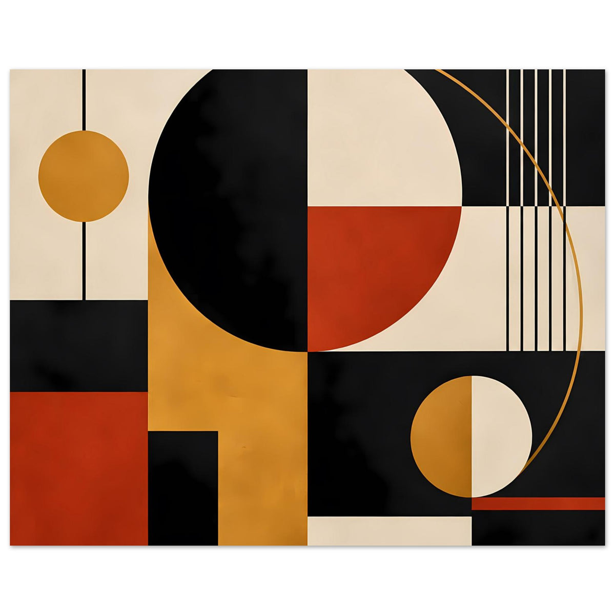 Abstrakter Posterprint mit Kreis und Ringlinie, Streifen und Vierecken in Schwarz, Rot und Beige