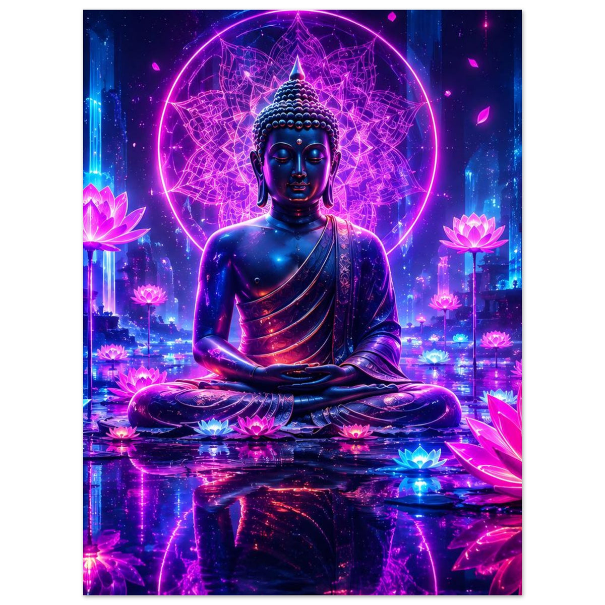 Poster mit sitzendem Buddha, leuchtenden Lotusblüten und neonfarbenem Heiligenschein