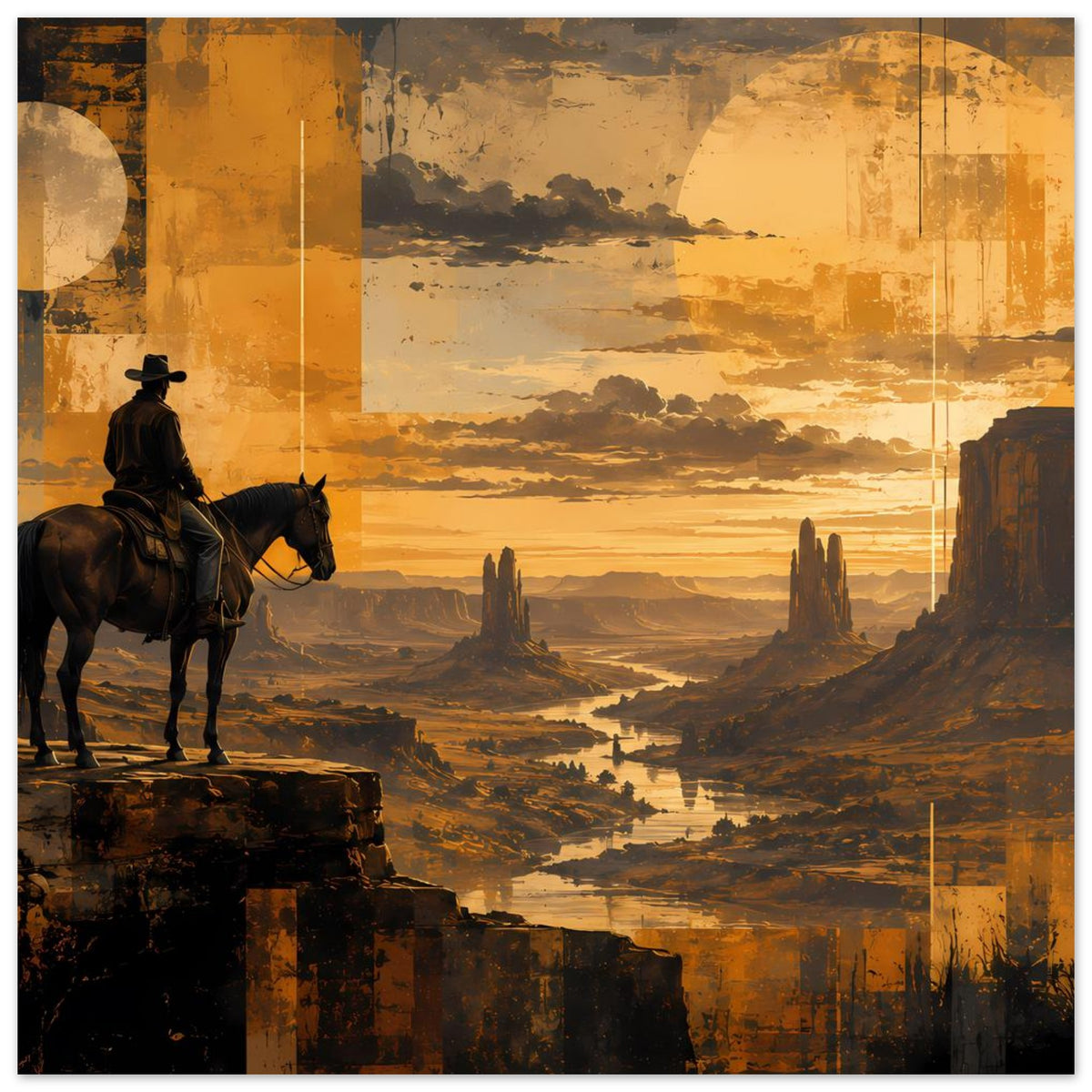Western-Sunset-Poster: Cowboy und Pferd links, Mesa-Formationen und goldene Wolken