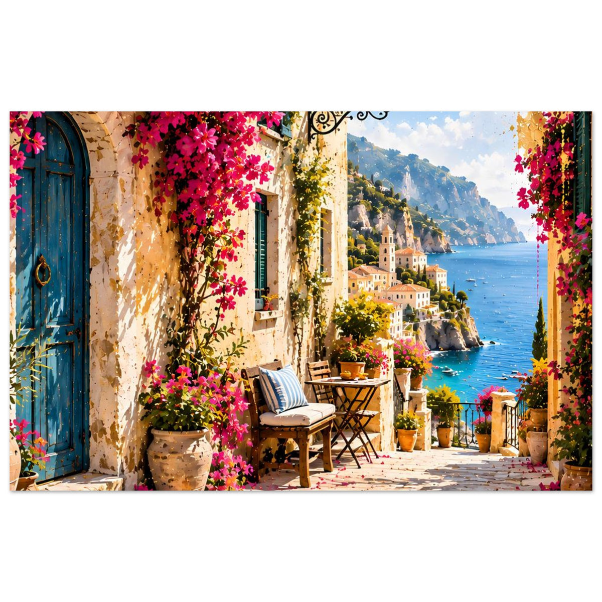 Mediterranes Küstenmotiv-Poster mit Mittelmeer-Gasse, blauen Türdetails und pinken Blütenkränzen