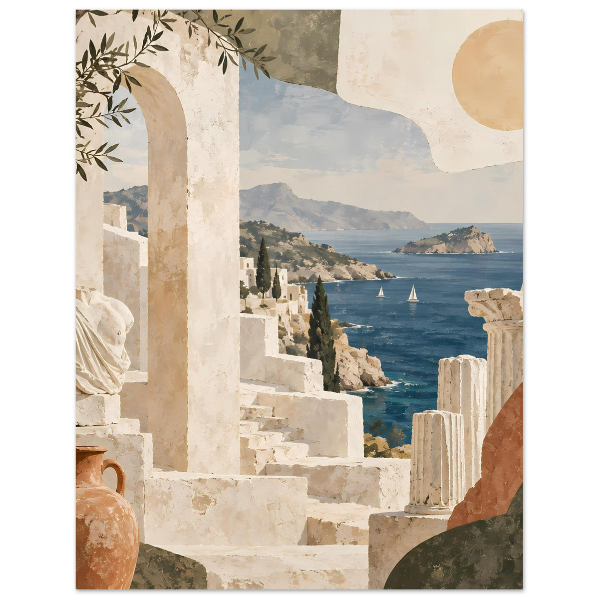 Urlaubs-Poster: Blick zwischen Säulen auf das Meer; Treppen, Olivenzweig und Vase