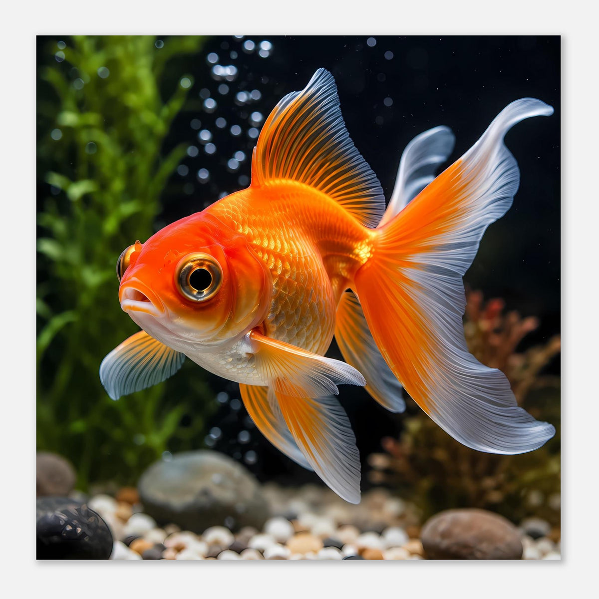 Goldfisch-Porträt als Poster auf mattem Papier, orangefarbener Fisch mit breiten Flossen