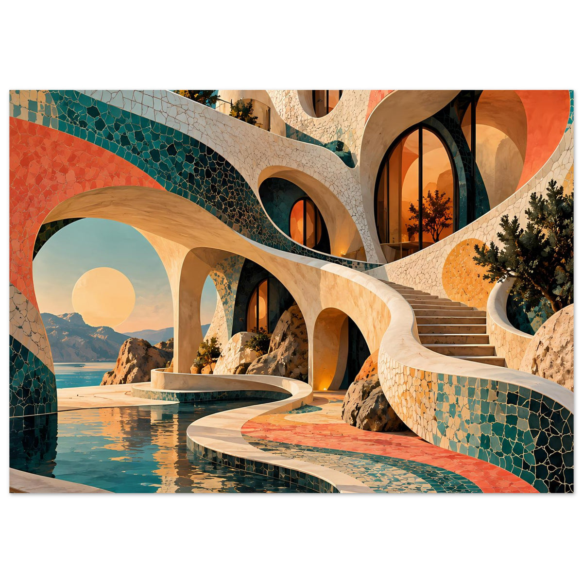 Kunstposter mit mediterranem Mosaikstil: geschwungene Bögen, türkisfarbene Kacheln, Wasserbecken