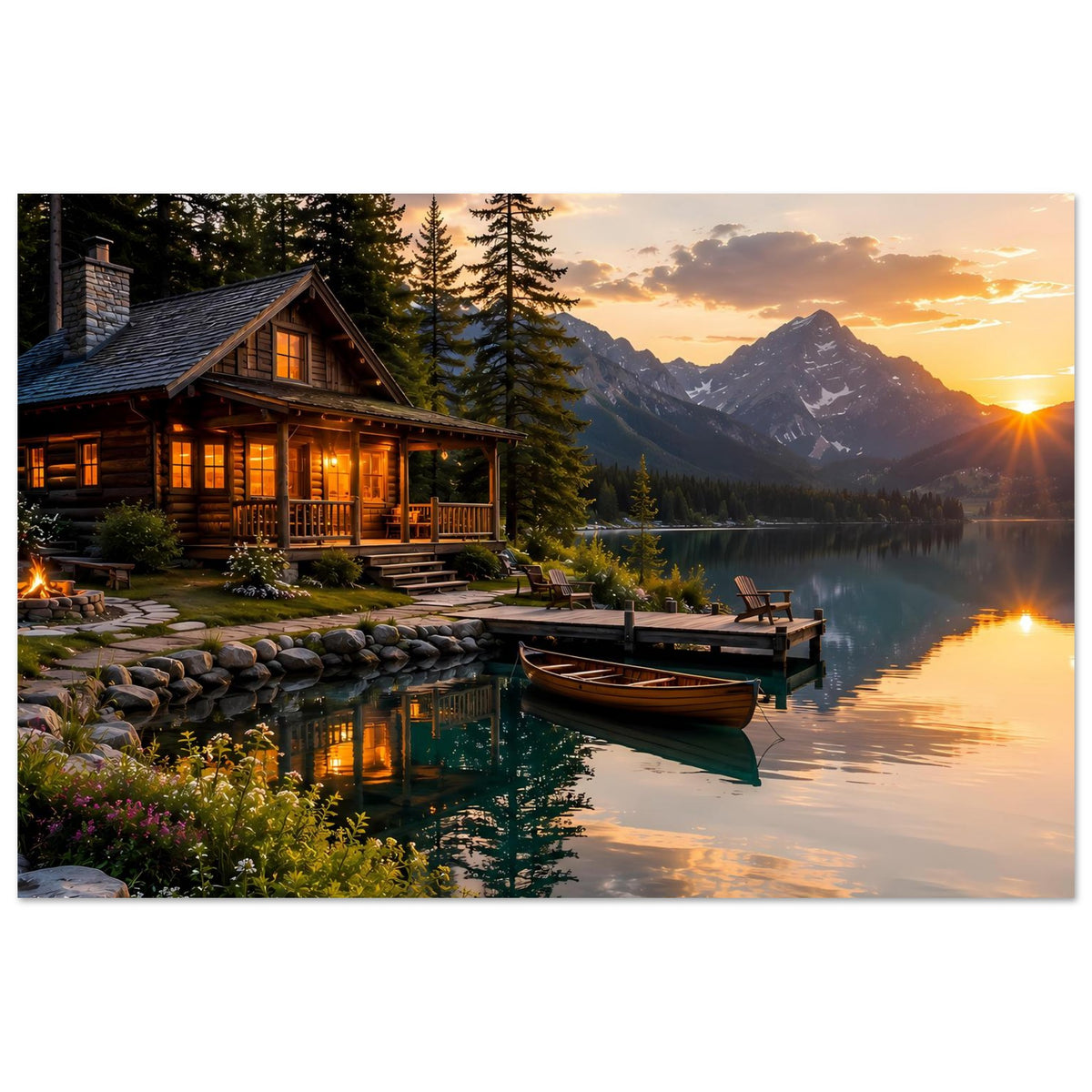 Horizontales Poster mit Boot im stillen See, Holzhausbeleuchtung und Sonnenuntergangslicht