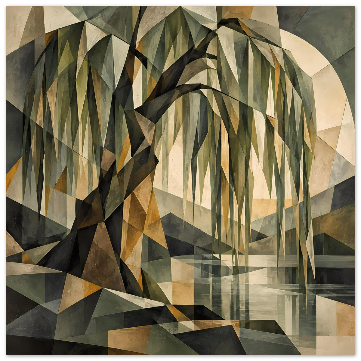 Geometrisches Poster mit Baum aus Dreiecken, erdige Palette aus Grün, Beige, Grau und Braun
