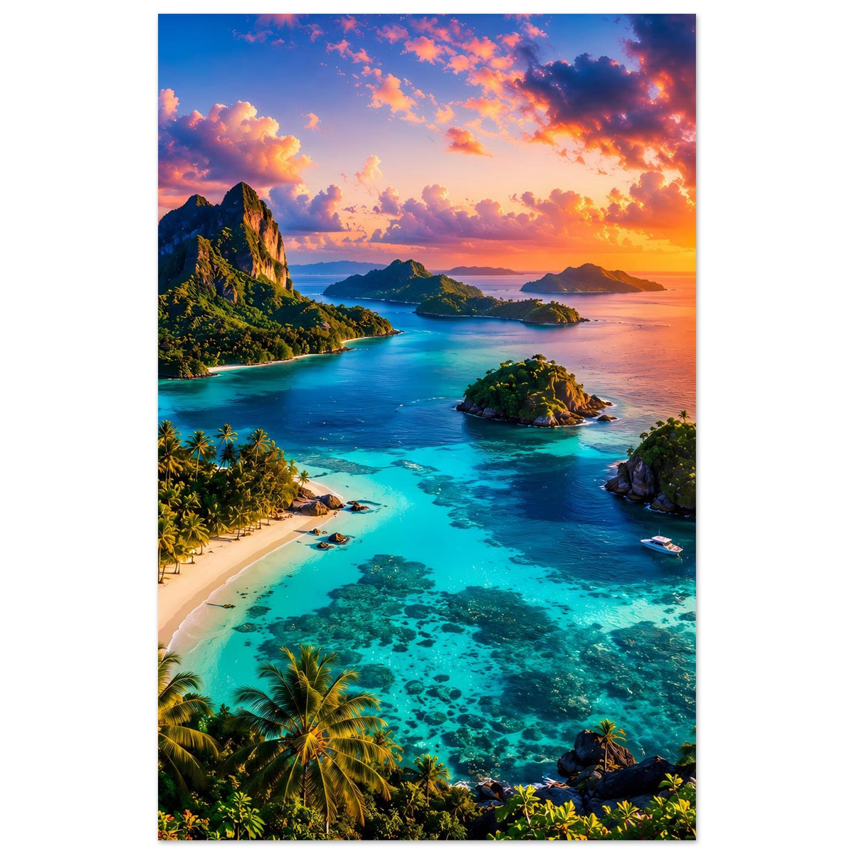 Vertikales Poster mit türkisblauer Lagune, Sandstrand, Felsenküste und warmem Himmel