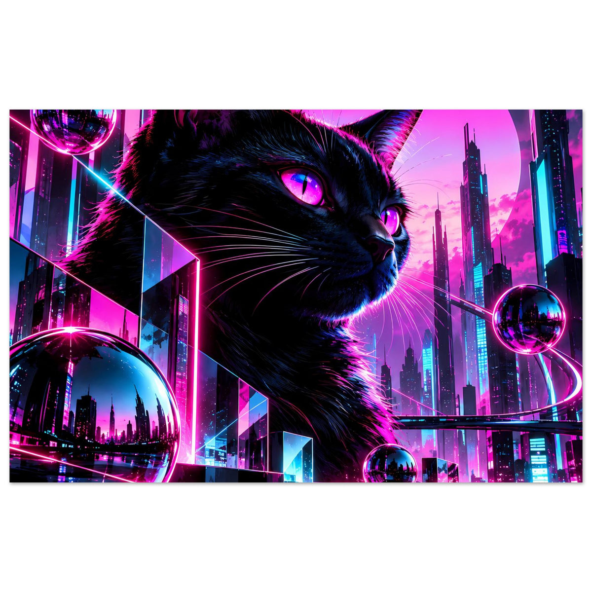 Neonkatzen-Poster: schwarzer Kater mit pinkem Leuchten im Cyberpunk-Stadtbild