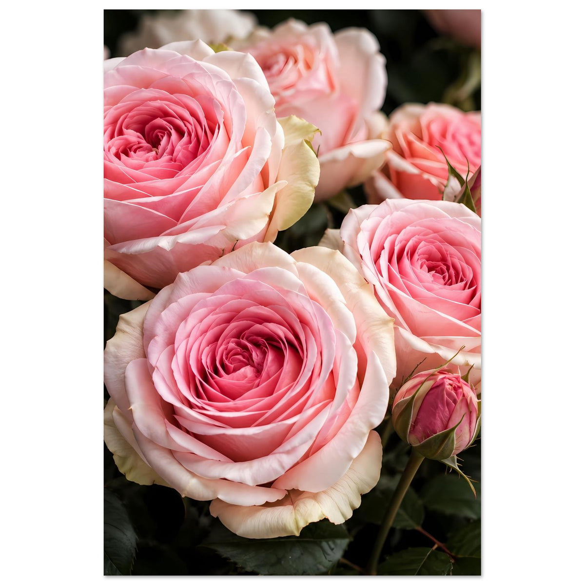 Wandposter im Hochformat mit rosa Rosenblüten und Knospen