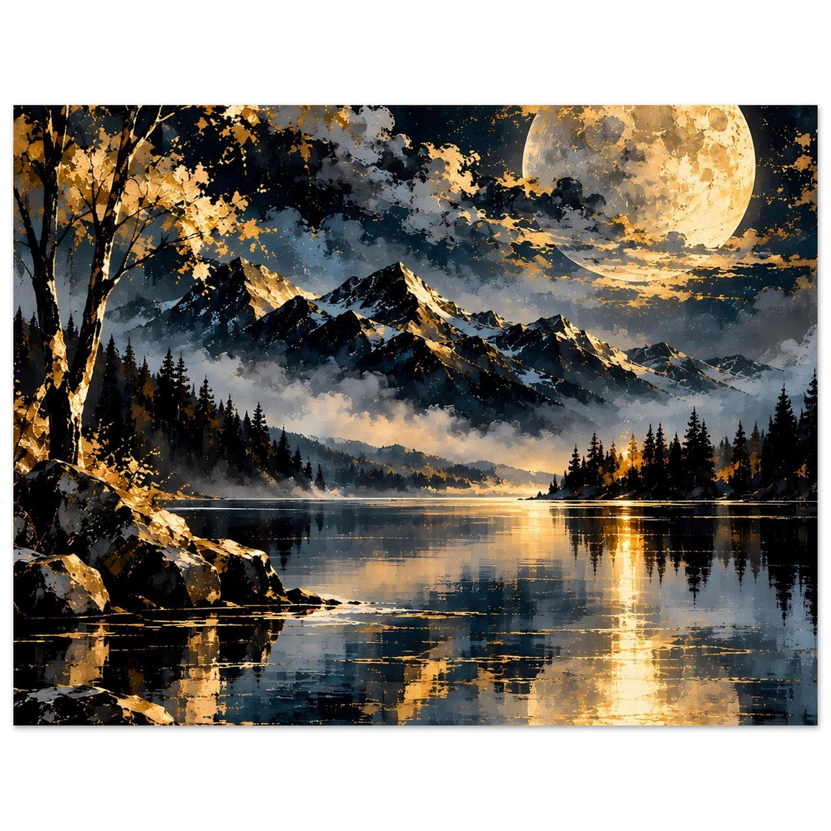 Poster mit Mondlandschaft im Querformat: Berge, Seeufer und goldene Reflexe
