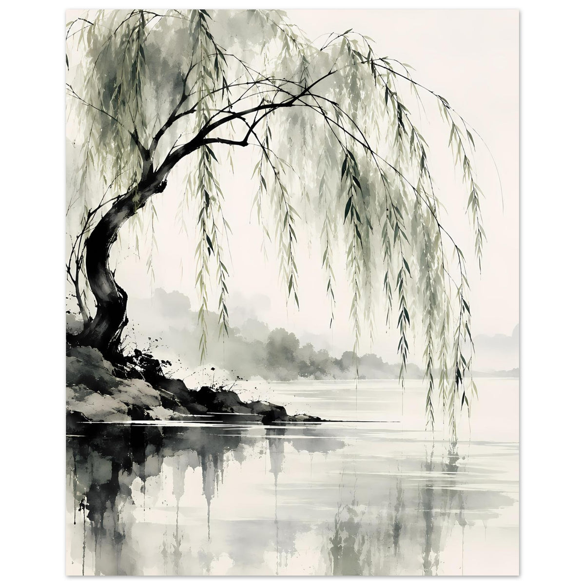 Naturposter mit Weidenbaum: zentrale Baumform mit Schatten und hellen Wasserflächen