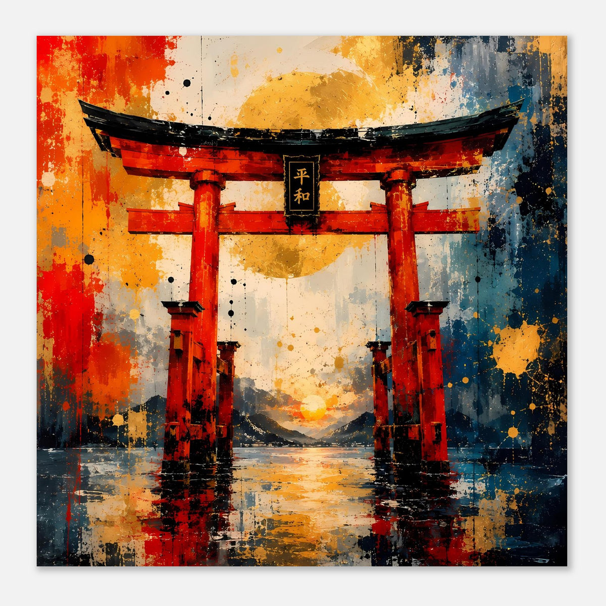 Quadratisches Poster mit Torii-Tor, rote Säulen, schwarzes Dach und gelber Mond