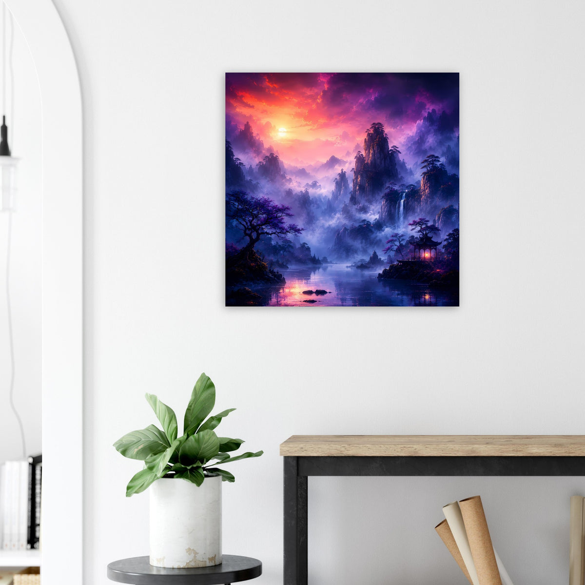 Quadratisches Fantasy-Poster im Rahmen mit Nebelbergen, See und Wasserfall