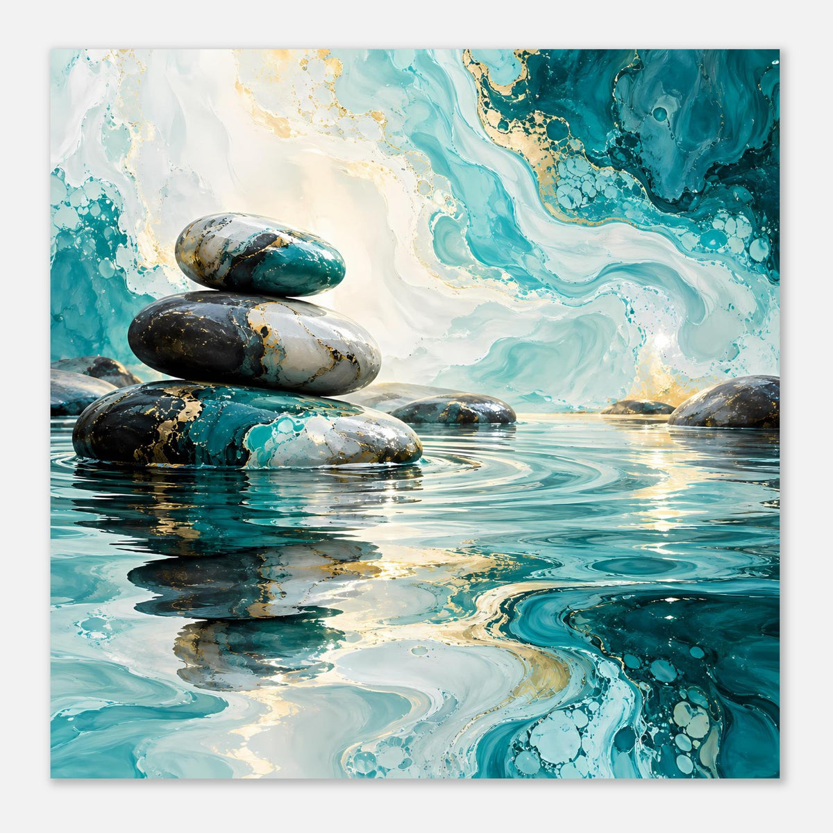 Zen-Poster im Hochformat: Marmorsteine an der Wasseroberfläche, türkis und helle Goldwirbel im Hintergrund