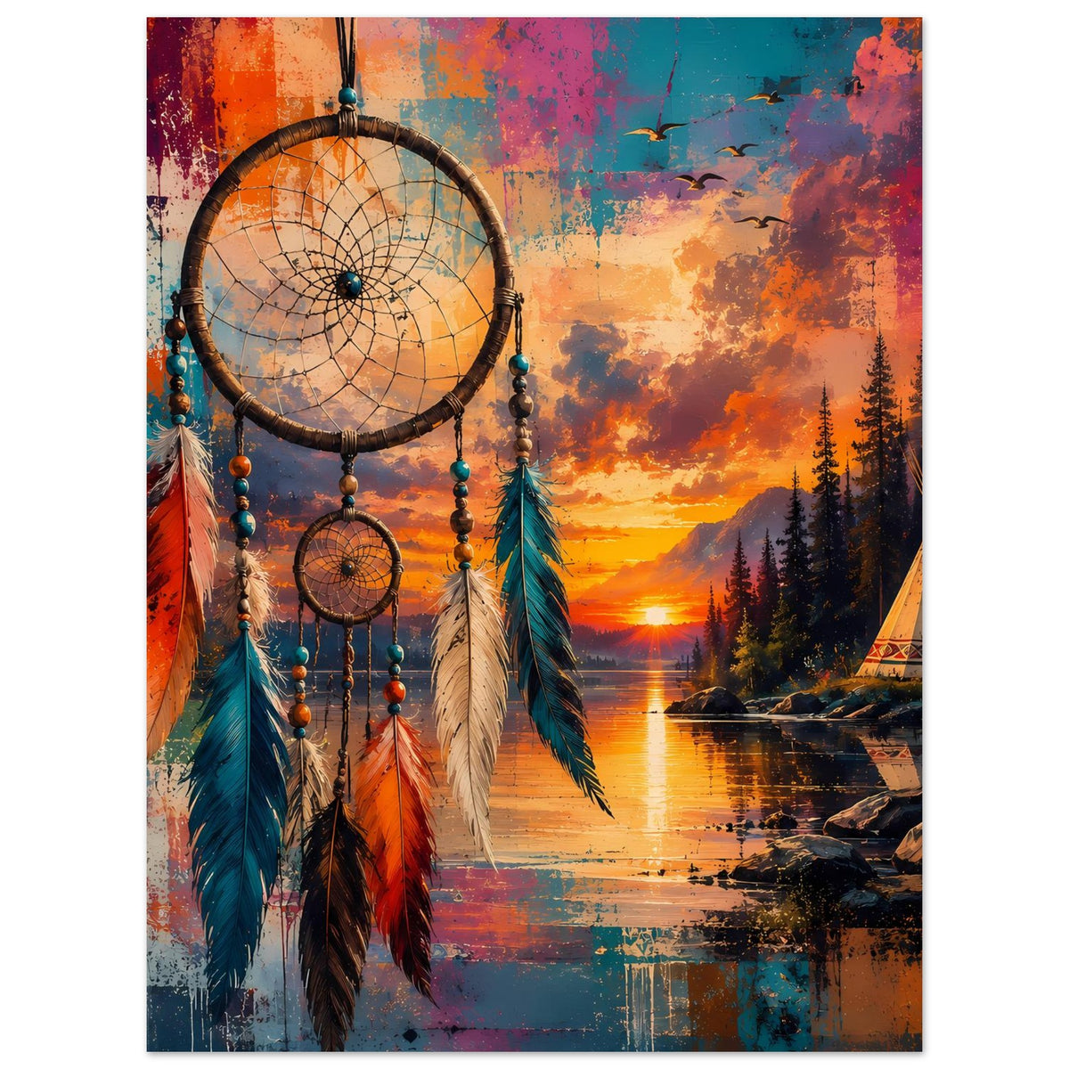 Boho Traumfänger-Poster mit bunten Federn und Sonnenuntergang am See
