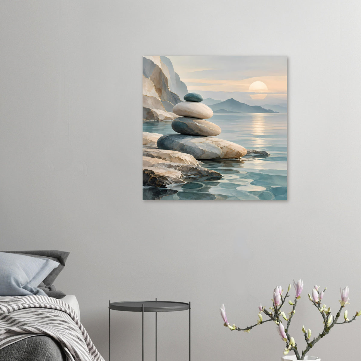 Quadratisches Poster: gestapelte Steine am Meer, Sonne am Horizont