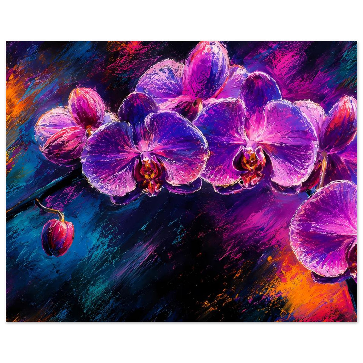 Querformat-Poster mit Orchideenblüten in Violett und Pink auf blau-orangefarbiger Fläche