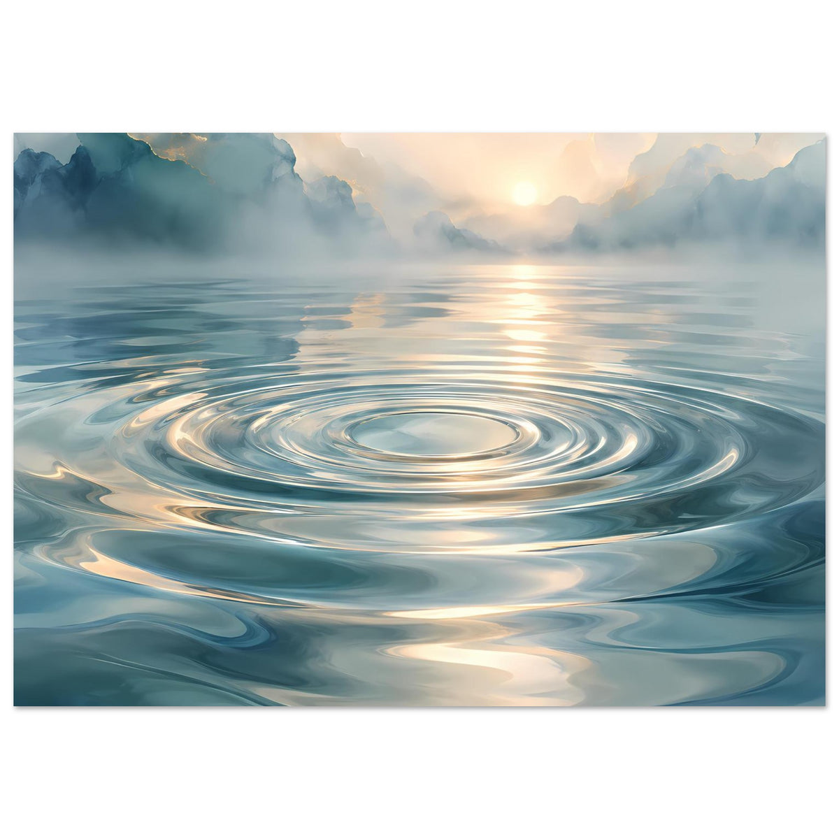 Wasser-Poster im Querformat mit kreisförmigen Wellen, blauer See und Wolkenhimmel