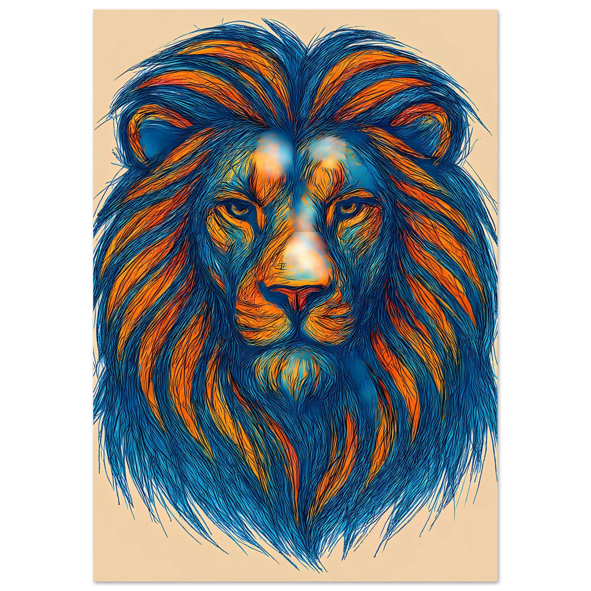 Löwenporträt-Poster: blauer Löwe mit orangefarbener Mähne und detaillierten Augen