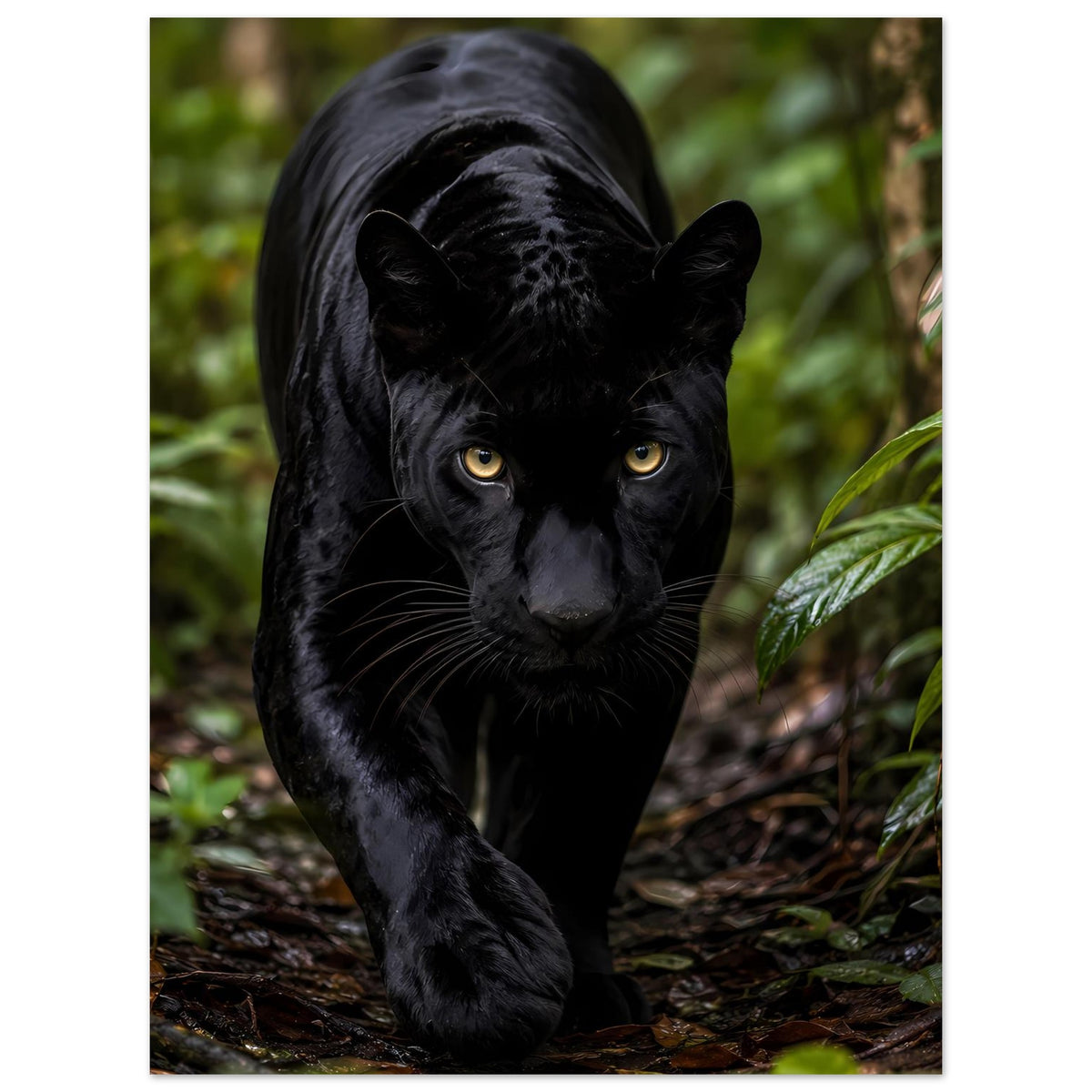 Poster mit schwarzem Panther, gelbe Augen, Blick nach vorn, Vorderpfoten deutlich
