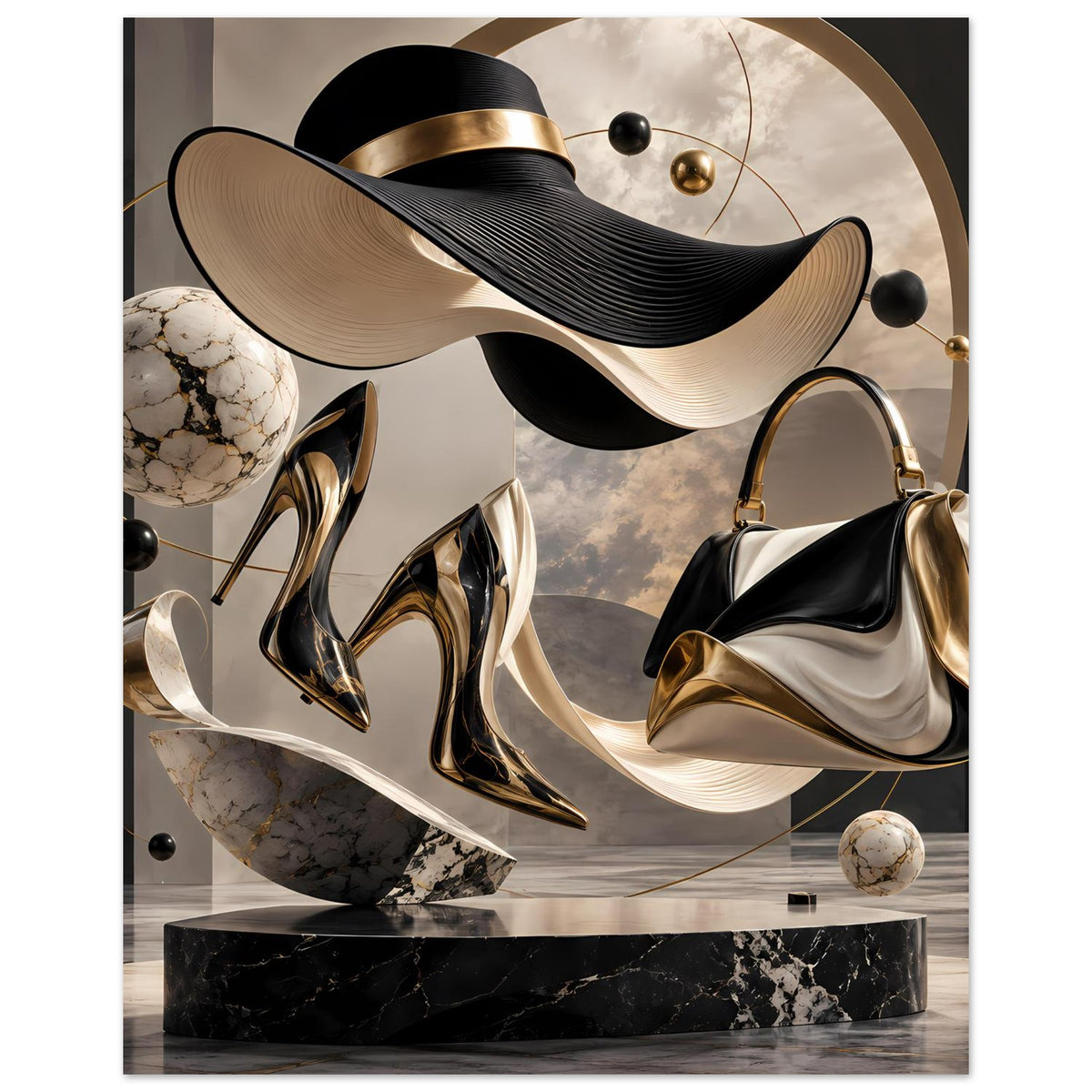 Modekunst-Poster mit abstrakten Schuhen, Handtasche und Hüten in Schwarz/Gold