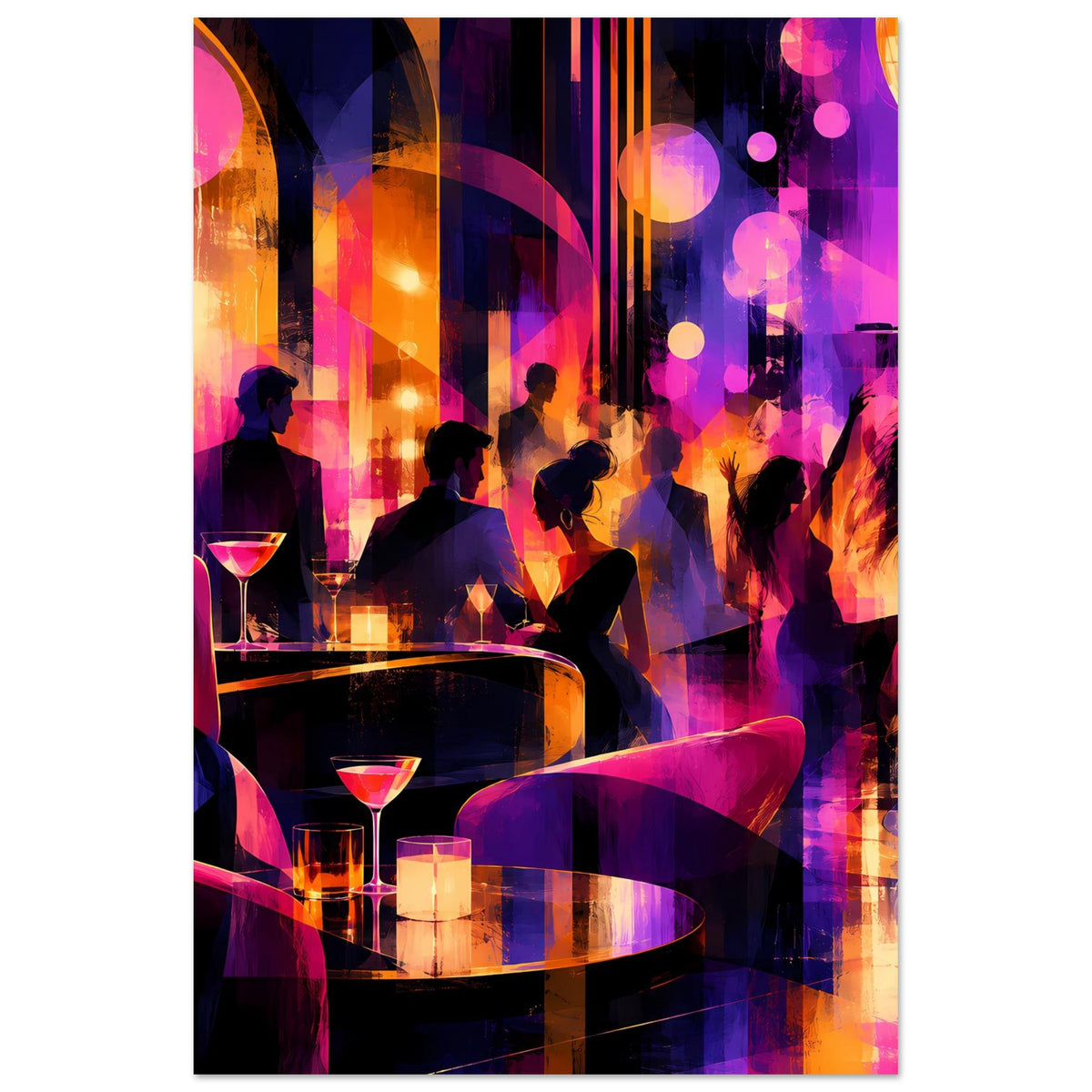 Nachtclub-Poster, vertikal: Personen am Bar-Tresen, bunte Neonreflexe, Kerzenlicht und Cocktailgläser.